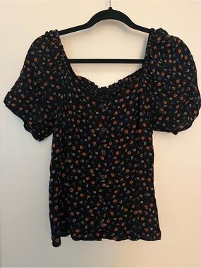 J. Crew Black Floral Puff-Sleeve Square Neck Blouse